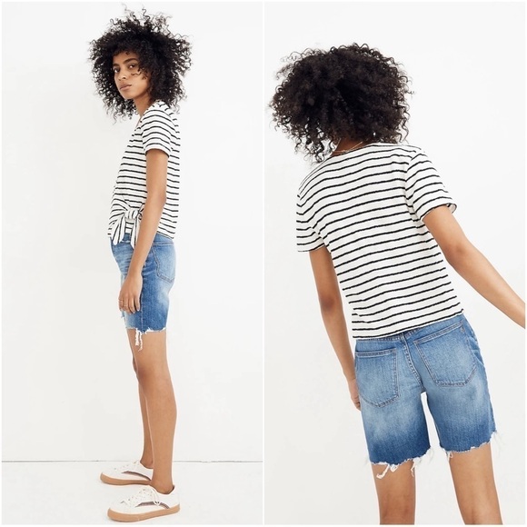 Madewell Texture & Thread Short-Sleeve Wrap Top in Stripe Black White S - Picture 2 of 12